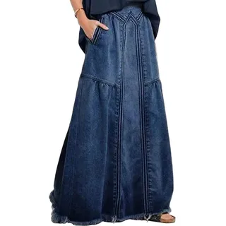 ebossy Damen Casual Elastische Taille Fransen Saum A-Linie Distressed Hippie Lang Maxi Denim Rock - Blau - X-Groß - XL