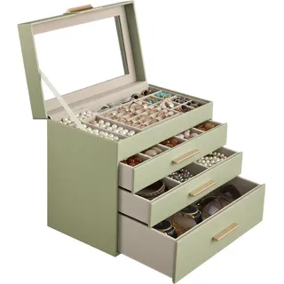 Ochama x SONGMICS Schmuckkasten mit 4 Ebenen, Schmuckbox mit 3 Schubladen, Deckel aus Glas, für große Schmuckstücke, grün-gold