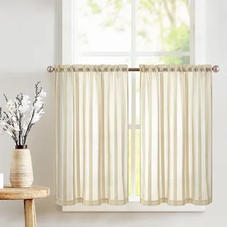 TOPICK Sheer Scheibengardinen Beige H 60 x B 90 (cm) 2er Set mit Tunnelzug Transparent Bistrogadine Landhaus Streifen Voile Küchenvorhang Gestreift Küchengardinen Paarig für Badezimmer Klein Fenster