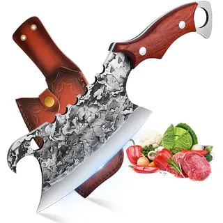 DRAGON RIOT Hackmesser mit Holzgriff, Japanisches Kochmesser profi Messer | Scharf Hackbeil Profi Metzgermesser mit Lederhülle für Fleisch, Gemüse, BBQ und Outdoor Camping, Geschenke für Männer