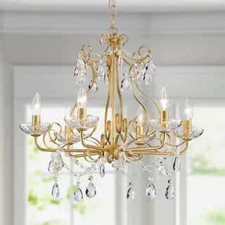 WUZUPS Kristall Kerze Kronleuchter Pendel Flushmount Deckenleuchte moderne Beleuchtung für Schlafzimmer Flur Bar Küche Bad, H 55 x B 57, Gold, E14 Base