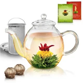 Creano Teekanne Teekanne aus Glas 1,0l - 2 Teeblumen - mit Edelstahl-Sieb und Deckel