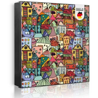 banjado Schlüsselkasten aus Metall mit Motiv Funky Town (Stahl Gehäuse, mit 32 Haken, beschreibbar & magnetisch), 30 x 30 x 5 cm schwarz