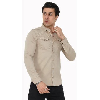 Premium Herren Hemd Basic Freizeithemd dickes Hemd Unifarben Langarm Slim-Fit 100% Baumwolle 3XL Beige