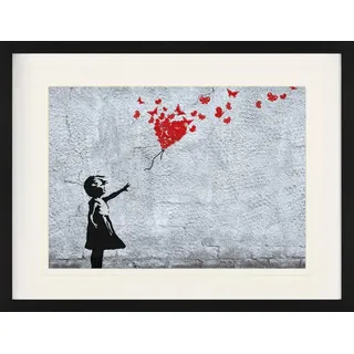 1art1 Mädchen Poster Mädchen Mit Luftballon Und Schmetterlingen, Banksy-Style Gerahmtes Bild Mit Edlem Passepartout | Wand-Bilder | Im Bilderrahmen 80x60 cm