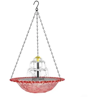 Glewi Hängende Solar-Vogeltränke mit Wasserspiel, Metall und Kunststoff, Garten, Vogelfutterstation für Naturliebhaber, drei Ketten, hängende Vogeltränke (Rosa)