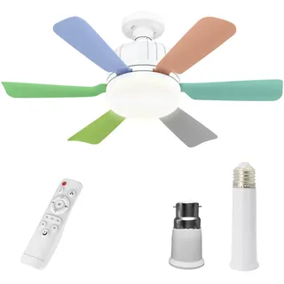 46cm Deckenventilatoren Mit Fernbedienung, E27 Deckenventilator Mit Beleuchtung, 3 Farben & 3 Geschwindigkeitsstufen, 2/4 Stunden Timer, FüR Wohnzimmer Schlafzimmer (Bunt + Verlängerungsstange)