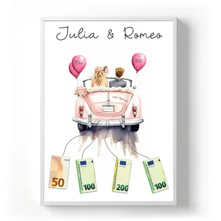 codiarts. Personalisiertes Geldgeschenk Poster – optional mit Rahmen – Gastgeschenk Hochzeit mit Namen und Datum – Hochzeitsgeschenk für Brautpaar (Auto 2, DIN A3)