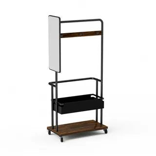 Yorbay Kleiderständer 3-in-1 Garderobenständer aus Robuster Metall(Korb +Korb+Kleiderbügel), groß Garderobenständer mit Rollen, 70x40x70cm braun