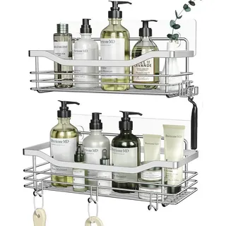 SURFOU Duschregal Duschablage Set ohne Bohren, Edelstahl Regal für Bad und Küche, Duschablage ohne Bohren 2 Stück set, mit 5 haken, zur Aufbewahrung von Shampoo, Duschgel, Handtüchern, Toilettenartikeln und Reinigungsmitteln, Rostfreier Wand-Duschregal silberfarben