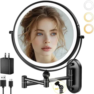 Beleuchteter Make-up-Spiegel, 22,9 cm, 4000 mAh, wiederaufladbar, doppelseitig, 1 x / 10-fache Vergrößerung, Spiegel mit Licht, 3 Farblichter, Touch-Dimmbar, verlängerter Arm, 360° drehbar