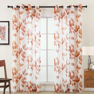 L.Z.E Vorhänge Orange für Wohnzimmer, Transparente Gardinen Orange mit Ösen, Durchsichtige Gardine Ösen Vorhang für Schlafzimmer Fenster, 2er Set Bedruckte Blätter Muster Schals, 245 cm Lang