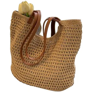 YayaVrillant Geflochtene Tasche, Korbtaschen Damen, Strohtaschen Damen, Korbtasche Geflochten, Basttaschen Sommer, Basttasche Shopper, Korbtasche (Braun) - Centimeter