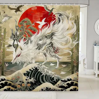 feelingyou Wilder Fuchs Duschvorhänge, Exotische japanische Stil Tier Bad Vorhang, Rote Sonne Blau Meer Retro Malerei Wasserdichter Stoff Vorhang mit Haken Badezimmer Dekor, S Größe