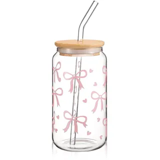 Cosmeria Glas Trinkbecher Mit Deckel Und Strohhalm, Eleganter 16 Oz Bow Cup Für Bubble Tea, Kaffee Oder Cocktail, Vielseitiges Und Stilvolles Trinkglas