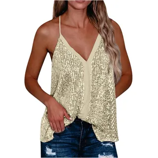 RMBLYfeiye Glitzer Damen V-Ausschnitt Pailletten Spaghetti Tank Top Sexy Party Rückenfrei Crop Y2K Sommer Basic Ball Dirndl Bluse Festliche Oberteile Ärmellos