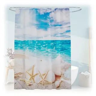 Relaxdays Duschvorhang 180x200 cm mit Motiv Blau,Creme,Türkis