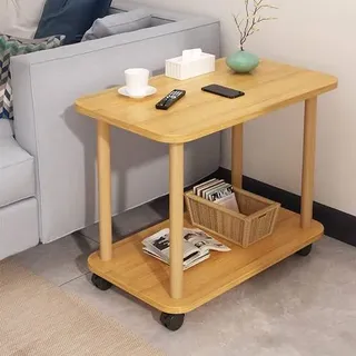 Beistelltisch, 2-Ebenen-Holz-Beistelltisch, 360°-drehbar auf Rollen, einfache Montage, Massivholz-Sofa, kleiner Couch-/Teetisch (Holzfarbe)