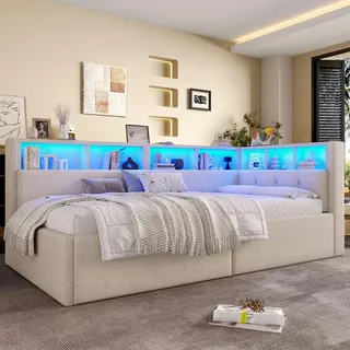 okwish Schlafsofa 90×200 Tagesbett ohne Matratze mit LED-Streifenbeleuchtung und Bettkasten,Daybett Jugendbett mit Staufächer und Typ-C,beige - Beige