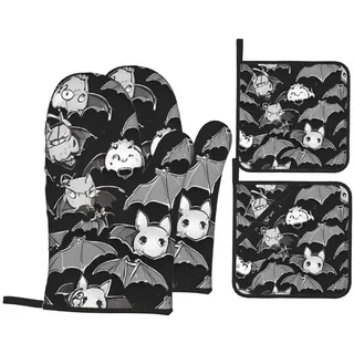 Ofenhandschuhe und Topflappen, Motiv: Halloween-Fledermaus-Motiv, hitzebeständig, für Küche, Kochen, Grillen, Backen, Geschenke, 4 Stück
