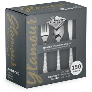 Decorline-120 Teiliges Vorteilspack Luxe Schwergewicht Wiederverwendbar Plastik Besteck aus Kunststoff, PS metallisiert-Glamour Collection - Silber