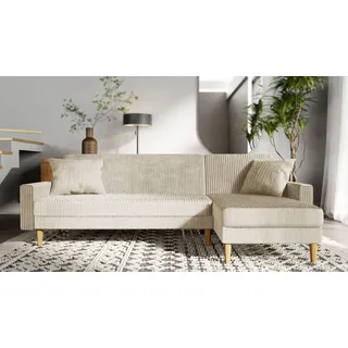 Idohome Polsterecksofa, Ecksofa, Eckcouch mit Schlaffunktion und Bettkasten auf hölzernen Füßen, Moderne Schlafsofa, LILA - Farbe Creme Poso 100 - Beige