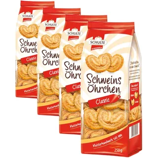 Schulte Feingebäck Schweinsöhrchen 250 g Knuspriges Blätterteiggebäck Süßes Gebäck zu Kaffee und Tee (Packung mit 4)