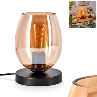 HOFSTEIN Tischleuchte Koyoto, moderne Tischlampe aus Metall/Glas in Schwarz/Bernstein, Leuchte im Retro/Vintage-Design, Schirm aus Glas Ø 15 cm, An/-Auschalter am Kabel, E27, Schlafzimmer, Wohnzimmer