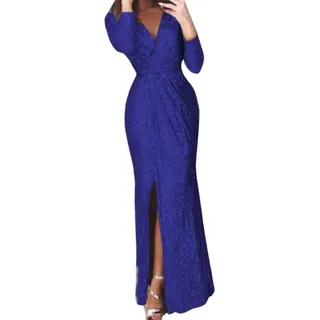 ORANDESIGNE Damen Festlich Hochzeit Kleid Langes Elegant V-Ausschnitt Langarm Glänzend Brillant Abendkleid Cocktailkleid Partykleid Ballkleid Maxikleid A Blau 44 - 44