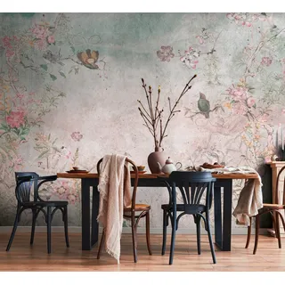 living walls Fototapete THE WALL III florale Tapete Motivtapete Blumen Vögel, glatt, matt, (1 St), Vliestapete Vögel für Schlafzimmer Küche Wohnzimmer Floral Design Flur blau|bunt|grau