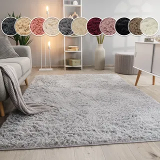 Paco Home - Hochflor Teppich Wohnzimmer Fellteppich Kunstfell Flauschig Rutschfest silber Grau 140x200 Cm