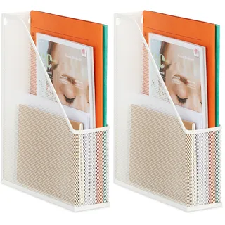 Relaxdays Stehsammler Metall, DIN A4, HBT: 31,5x7x25 cm, stabiler Stehordner, Mesh Design, für Büro & Home Office, weiß (Packung mit 2)