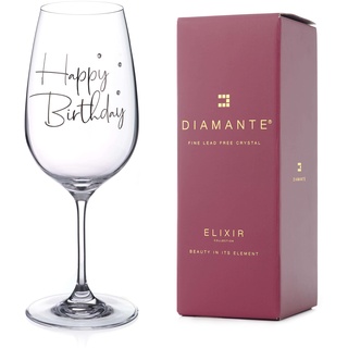 DIAMANTE Swarovski Weinglas "Happy Birthday" – Einzelner Kristall Weinkelch mit Happy Birthday-Slogan und Swarovski-Kristallen, in Geschenkbox
