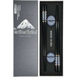 Sushi Geschenke-Set Essstäbchen Premium Holz 2 Paar inklusive Keramik-Unterleger Asiatisch Japanisch Chinesisch Koreanisch Edel mit schwarzer Schatulle