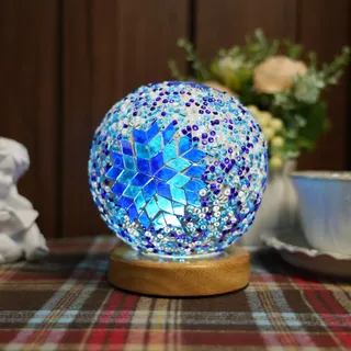 HyDlan Nachttischlampe Glas-Patchwork-Tischlampe (15.5 x 12.5cm), USB Stromanschluss Vintage Deko Schreibtischlampe, für modern Deko Schlafzimmer Nachtlampe, Wohnzimmer (Boho - Himmelblau)