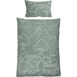 biberna 0840521 Eisenbahn Melange-Flanell Grün 100 x 135 cm + 40 x 60 cm