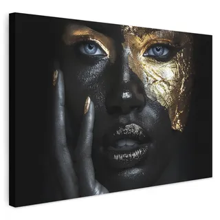 MuchoWow© Bilder Wohnzimmer Deko Modern Wandbild Foto auf Leinwand Bild | 90x60 cm - Schlafzimmer über Bett Room Decor Geschenke Frau - Gold - Porträt - Schwarz-Weiß - Luxus