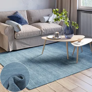 MY-RUG handgewebter Wollteppich 140 x 200 cm aus Reiner Schurwolle | Teppich aus Wolle | Naturteppich Wohnzimmerteppich, robust & pflegeleicht, Oeko-Tex, extra schwere Qualität | Devi Blau