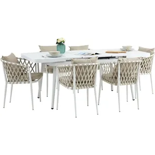 Gartenmöbel Set SUNNY mit 1 ausziehbaren Esstisch und 6 Stühlen, Esstisch Gestell aus Alu in weiß, Seilbespannung der Stühle in beige, Essgrupp... - Weiß