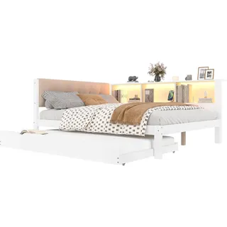 SOFTWEARY Holzbett mit gepolstertem Kopfteil, LED-Beleuchtung, Lattenrost, Regal und Gästebett, Jugendbett, Doppelbett (weiß, 140x200 cm)