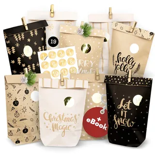 AMARI ® Adventskalender zum Befüllen - 24 Papier Adventskalender Tüten (mit Holzklammern) zum Basteln für Kinder - Papier Weihnachtskalender zum selber befüllen Tüten Weihnachtskalender selber basteln