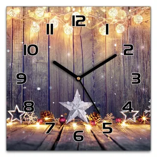 Coloray Weihnachten Wanduhr 30x30 cm Quadrat Wandkunst Bild Glas Uhr Gehärtetem Glas Echtglas Küche Wohnzimmer - Schwarze Uhrzeiger - Weihnachts Sterne Lichter Schneeflocken