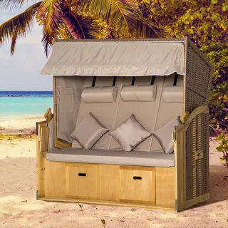 Outsunny Strandkorb 3-Sitzer Sonnenliege mit Dach 2 Klapptischen Fußstütze Chaiselongue 5-stufige Rückenlehne Xxl Polyrattan Natur 150x79x160cm für Garten & Terrasse Aosom.de