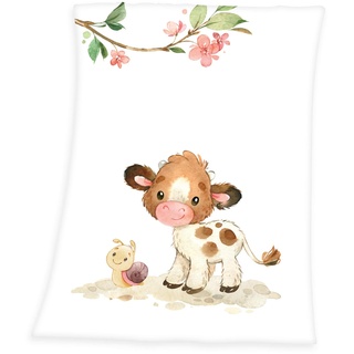 Herding 1540231014 - babybest®, Babydecke, Süßes Kälbchen, Soft-Peachdecke, Microfaser, weiss/beige, 75x100 cm