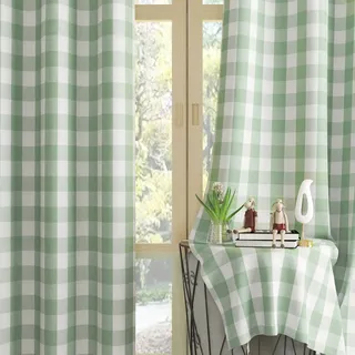 UPOPO Vorhänge für Fenster, Büffelkaro, kariert, Vichy-Muster, Stangentasche, Baumwolle, 160 cm Länge, Bauernhaus-Küchenvorhänge, 2 Paneele, Wohnzimmer, Schlafzimmer, Keller, Grün/Weiß, 132 x 160 cm