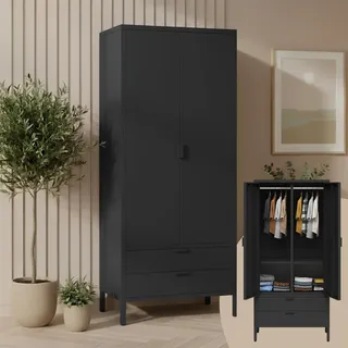 skølm Ituri Metallschrank Schwarz – Kleiderschrank mit 6 Fächern, 2 Schubladen & 2 Kleiderstangen – Garderobenschrank Flur 80 cm breit – Schlafzimmerschrank Industrial Style – Stahlschrank Wohnzimmer