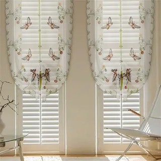 Vorhang 80 cm Hoch, Kleine Gardinen Für Fenster, Bistro Gardine Küche, Scheibengardinen Landhausstil, Küchengardinen Modern Schmetterling Stickerei Ästhetische Französische Gardinen (HxB 80x130 cm)