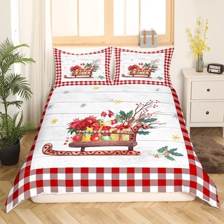 Weihnachten Bettwäsche Kinder Schlitten Dekor Bettbezug 135 x 200 Weihnachts Mehrfarbige Schneeflocke Bettwäsche Set Rot Weiß Gitter Büffel Bettbezug Urlaub Themen Bettwäsche für Kinder,2 Stück