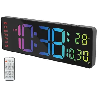 Große Digital-Wanduhr mit 9-farbiger Anzeige, Thermometer, Taganzeige