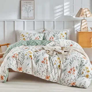 Tokokimo Bettwäsche für 150 cm breite Betten, Baumwolle, Motiv mit Zweigen und Blättern, 3-teilig, bestehend aus 1 Bettdeckenbezug 240 x 220 cm und 2 Kissenbezügen 50 x 75 cm, Weiß/Grün